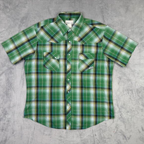Wrangler Wrancher Shirt Mens XL Green Plaid Western Pearl Snap Rockabilly Cowboy - Picture 4 of 11